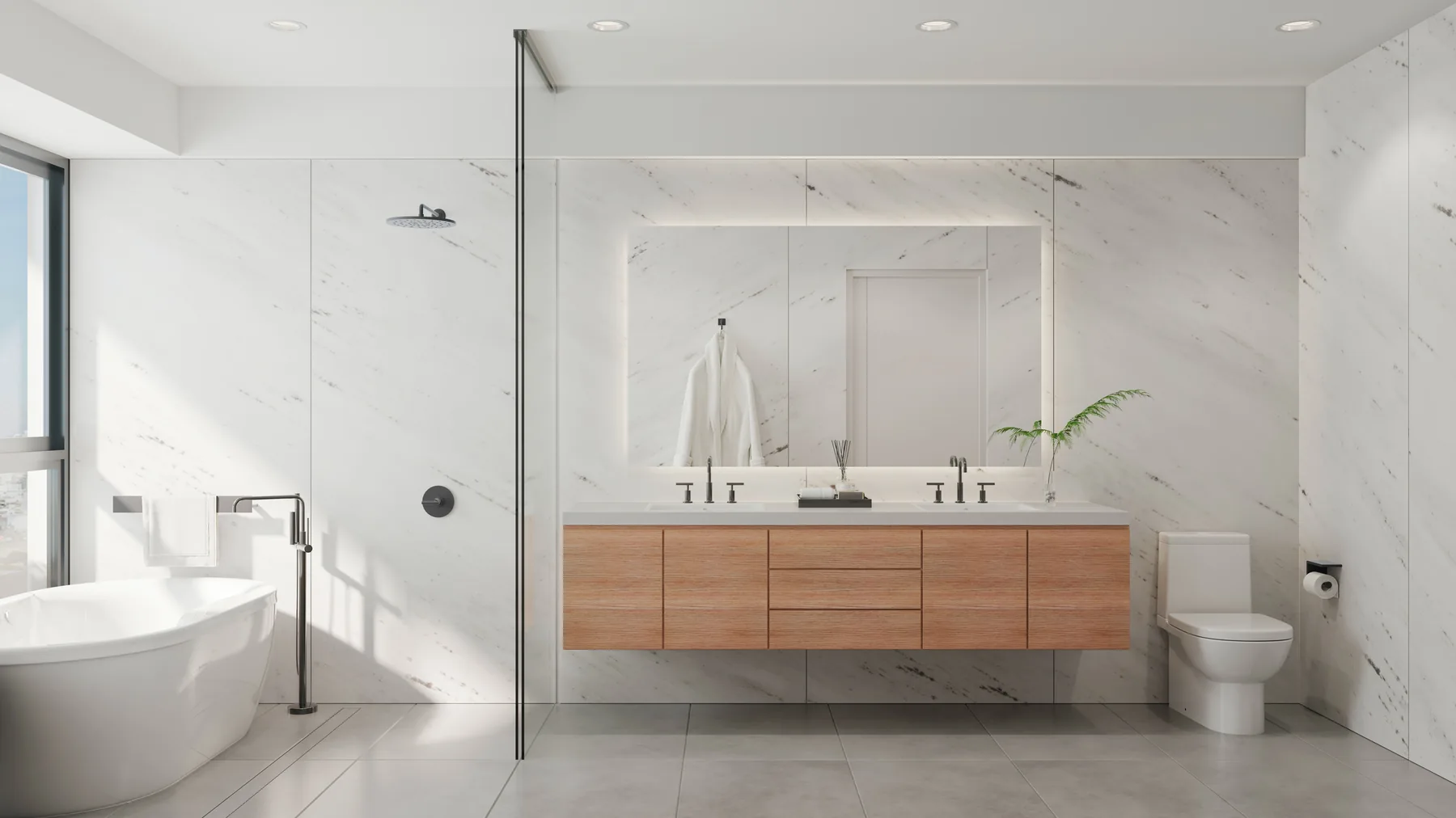 A renovated bathroom with a tiled shower and vanity