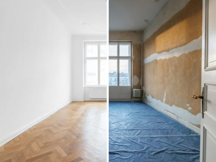 A room shown before and after renovation work