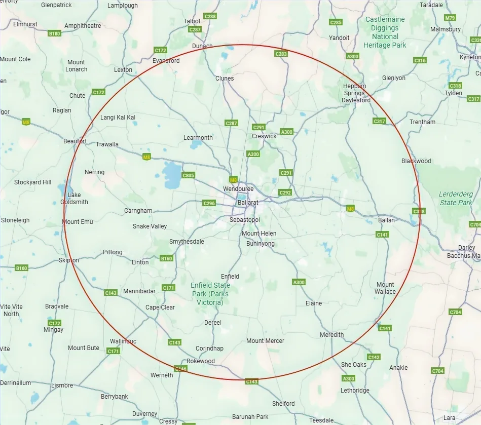 Map showing the Leon Property Services coverage area, a 45 km radius around Ballarat